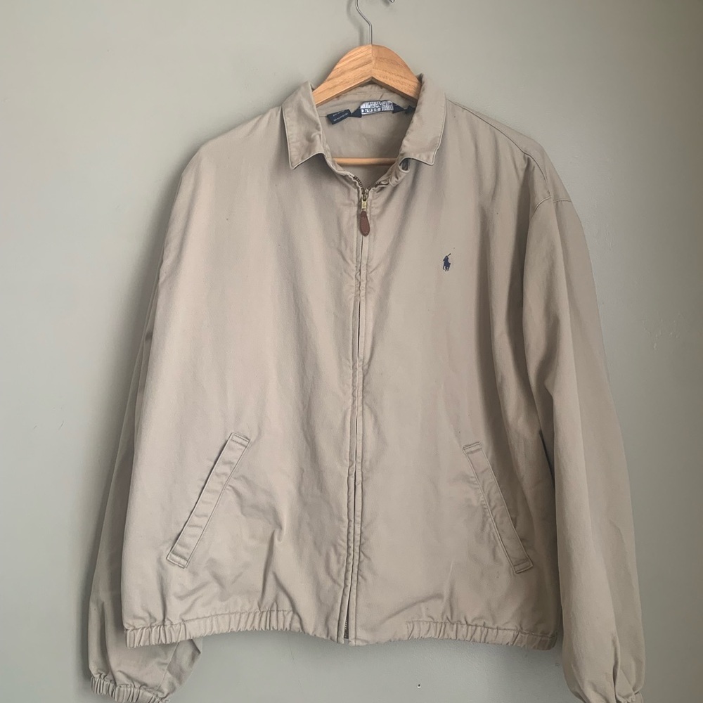 VTG Polo Ralph Lauren Jacket Brown Tan Plaid Lined Loop Collar Full Zip Made USA